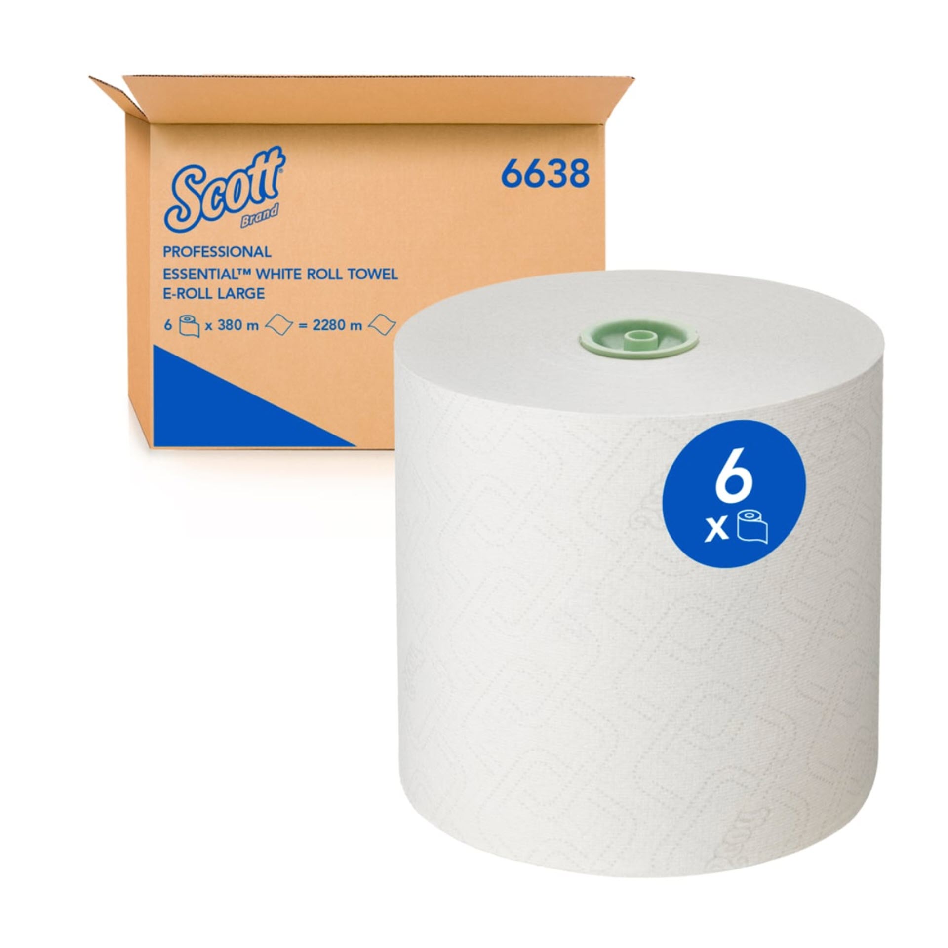 KCP Scott® Essential™ Rollenhandtücher 6638 – E-Roll Papierhandtuch-Großrolle – 6 x 380 m weiße Papiertuchrollen 