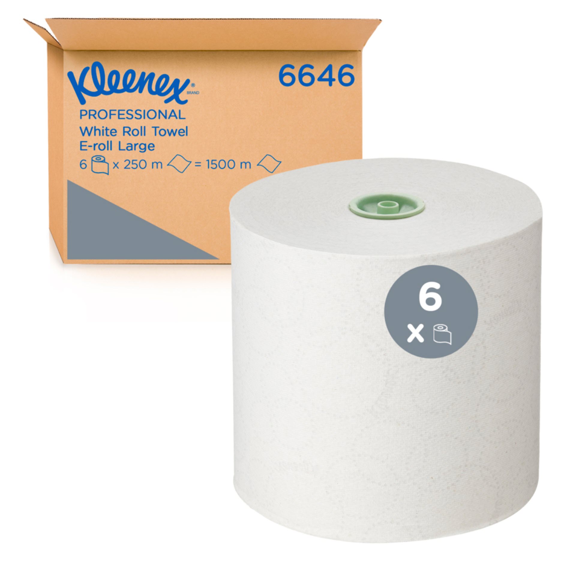 KCP Kleenex® Papierhandtücher auf Rollen, 6646 – E-Roll-Großrolle für Handtücher – 6 x 250 m weiße Papierhandtuchrollen